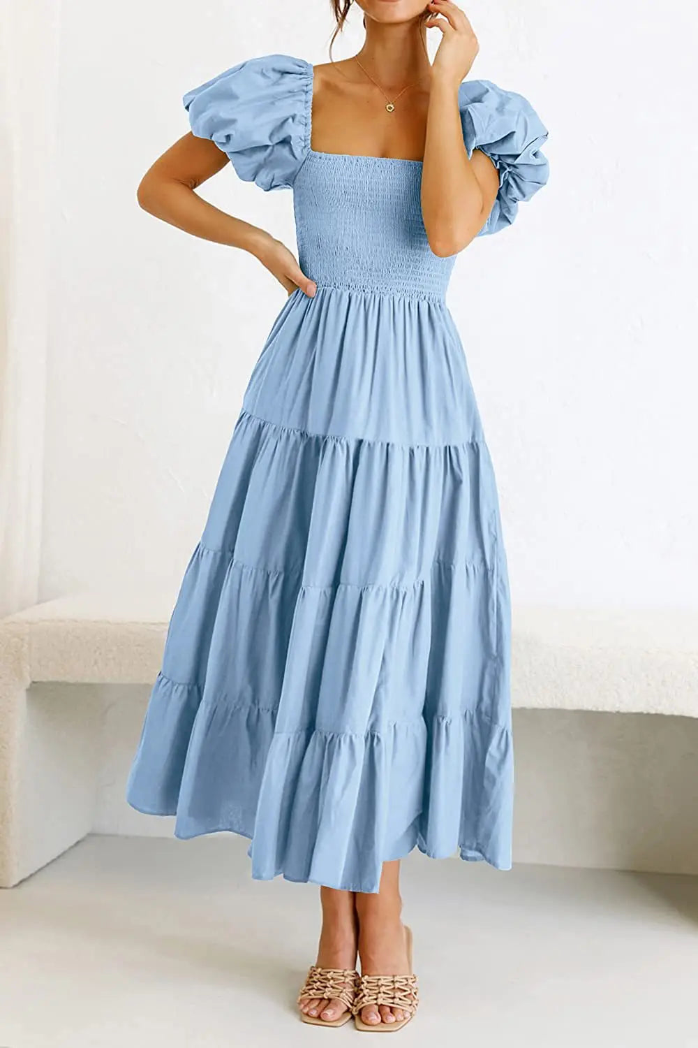 2026 Spring Summer Elegant Women's Long Dress Fashionable Solid Color Square Neck Puff Sleeve Pleated Slim Fit Loose Hem Dress