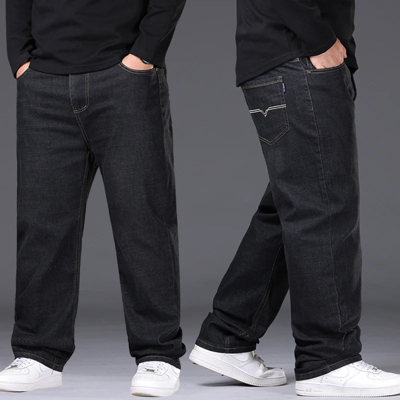 42-50 Plus Size Men's Jeans Business Casual Denim Pants High Waist Straight Leg Loose Elastic Comfortable Trousers Male Clothing