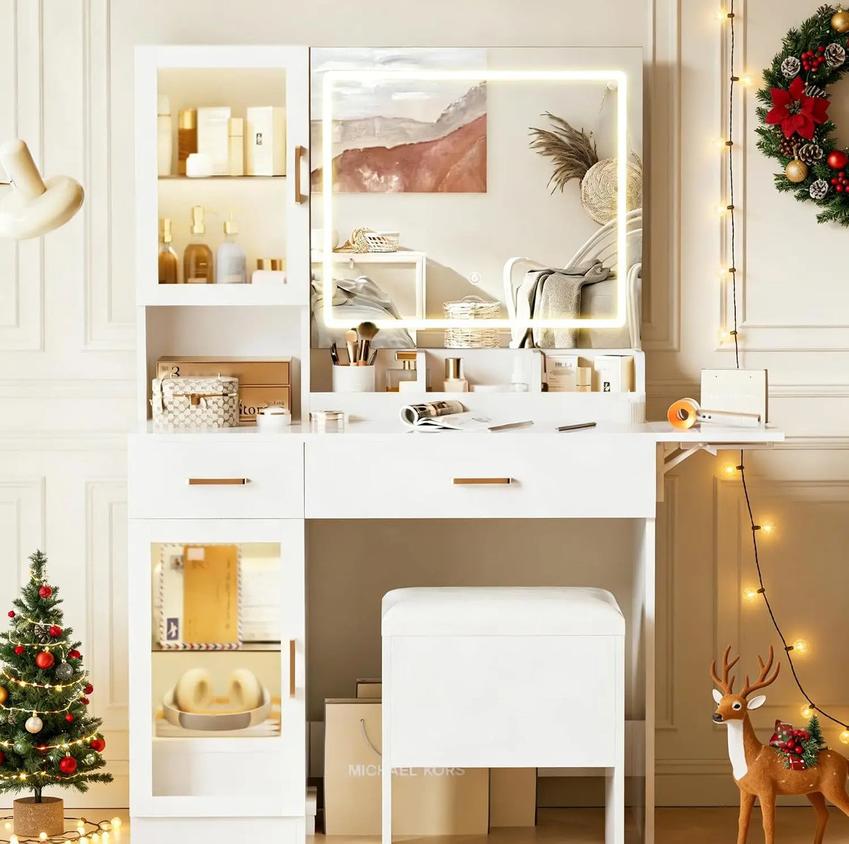 Vanity Desk with Mirror & LED Lights, Makeup Table with Stool & Storage Drawers for Bedroom, Customized