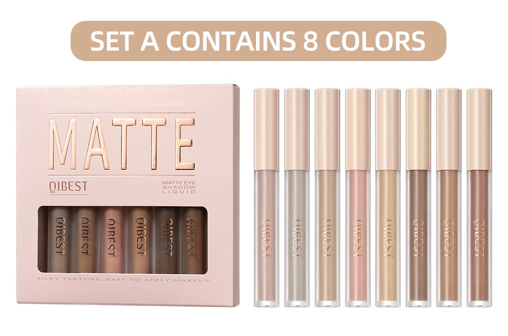 QIBEST 8 Colors Matte Liquid Eyeshadow Set Waterproof Long Lasting Eye Shadow Nude Brown Eye Pigment Makeup For Women Contouring