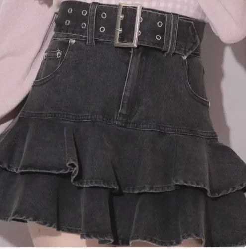 IMU Japanese Sweet Fashion Black Leather Skirt Spring Autumn New 2025 Women's High Waist Slim Elegant Denim Skirt Puffy Cake Ski