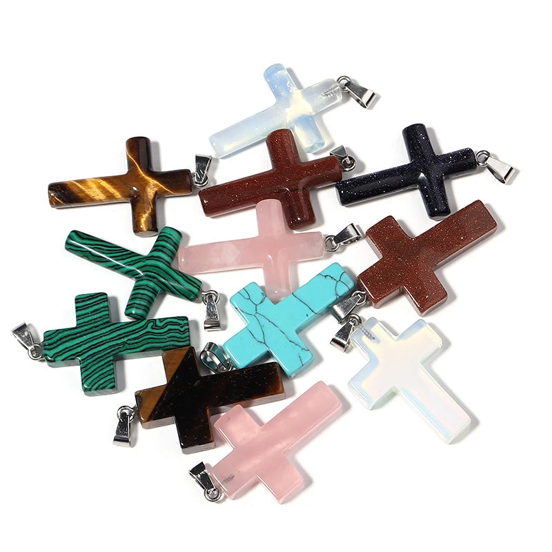 Natural Stone Cross Charm With Metal Loop Tiger Eye Opal Jewelry Prayer Pendant Necklace Making Accessories Diy Components