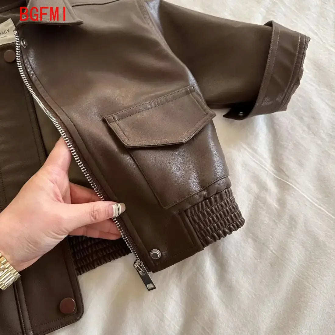 2-10Y Baby Boys Girls Zipper Jackets Brown Pu Leather Lapel Collar Coats Korean Style Autumn Single Breasted Toddler Cardigans