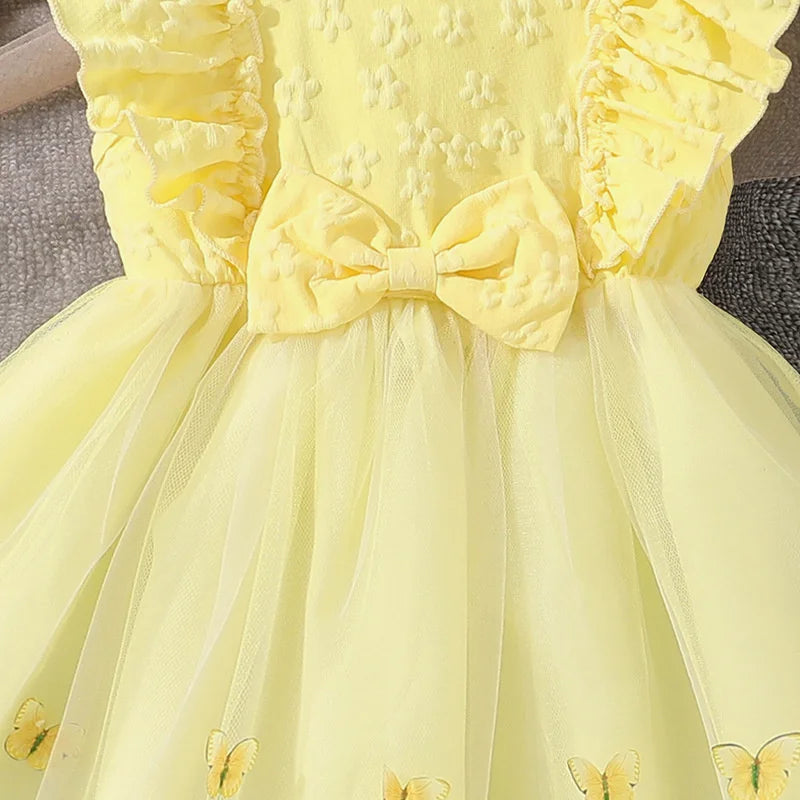 2026 New Children Cute Puff Dresses Kids Bow Embellish Butterfly Print Skirt Girls Birthday Party Trend Gown Baby Sweet Clothes