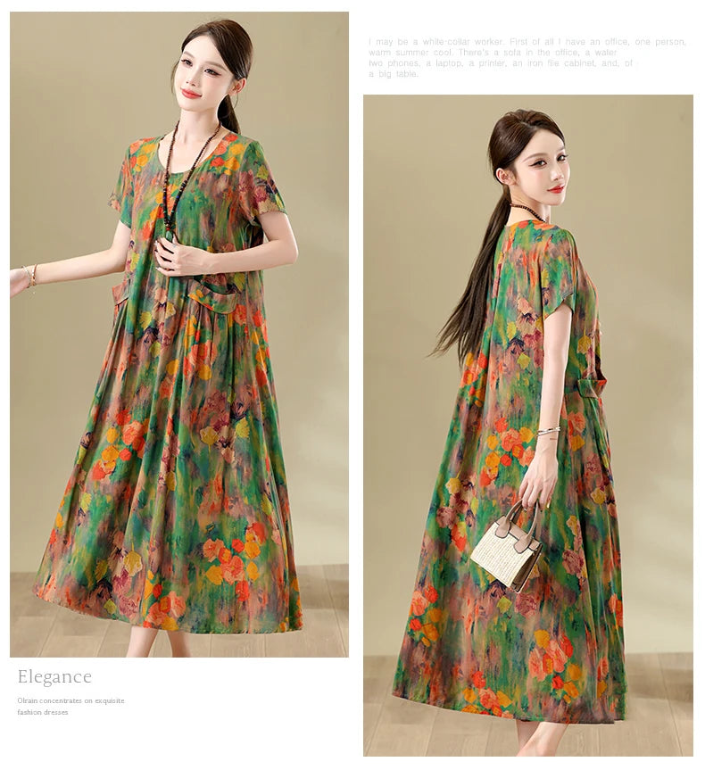 New Fashion Casual Summer Dresses For Women 2026 Loose Plus Size Clothes Elegant printting O-neck Short Sleeve Woman Clothing