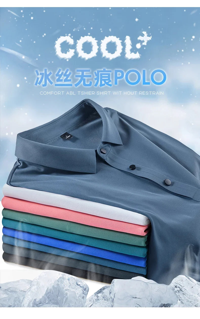 Summer Ice Silk Quick Drying Loose Polo Shirt Middle Aged Men's Solid Lapel Button Simple Versatile Casual Thin Short Sleeve Top