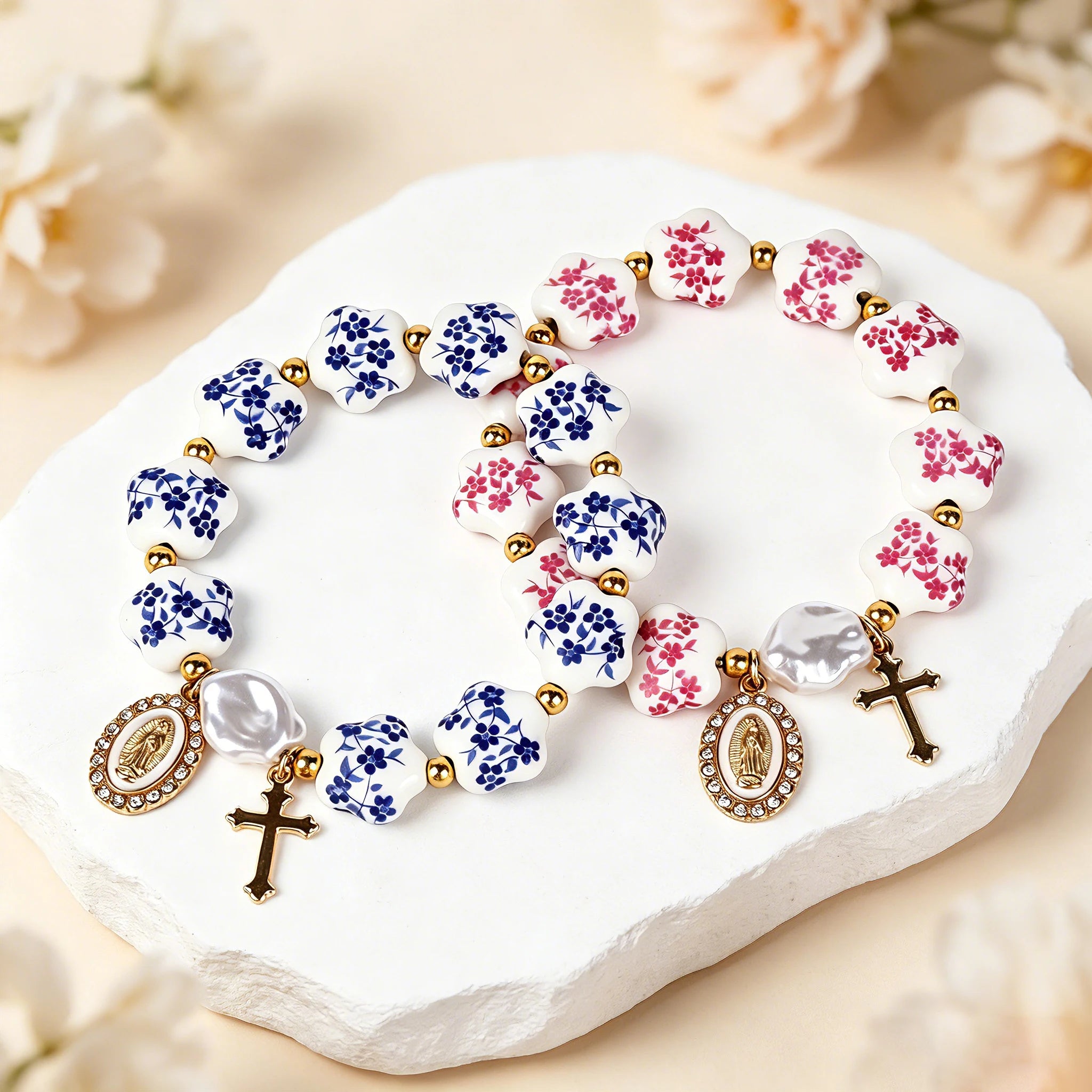 jesus Cross bracelet women men blue white porcelain Ceramics beads Ascension day western wear pulseras spring summer jewelry