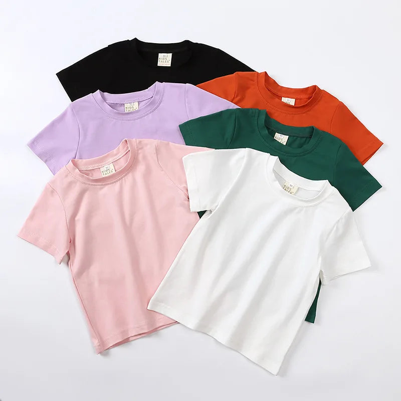 2026 Summer Kids Boys Girls T-Shirt Solid Cotton Breathable Teenager Short Children Casual Shirt For 12M-9T Baby Korean Top