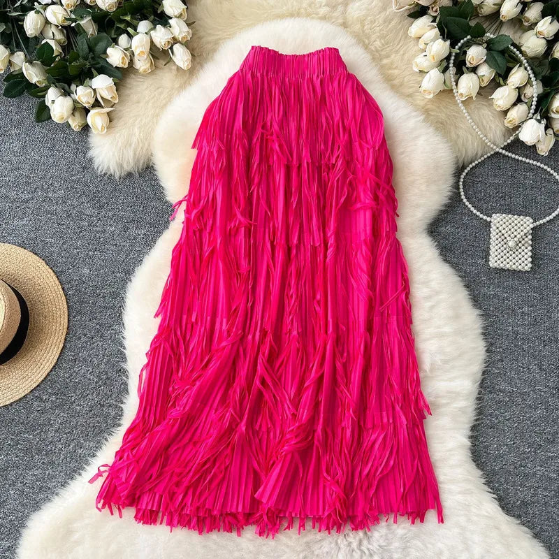 New In 2026 Spring Summer Tassel Midi Long Skirt For Women Trendy High Waist Streetwear Casual Skirts