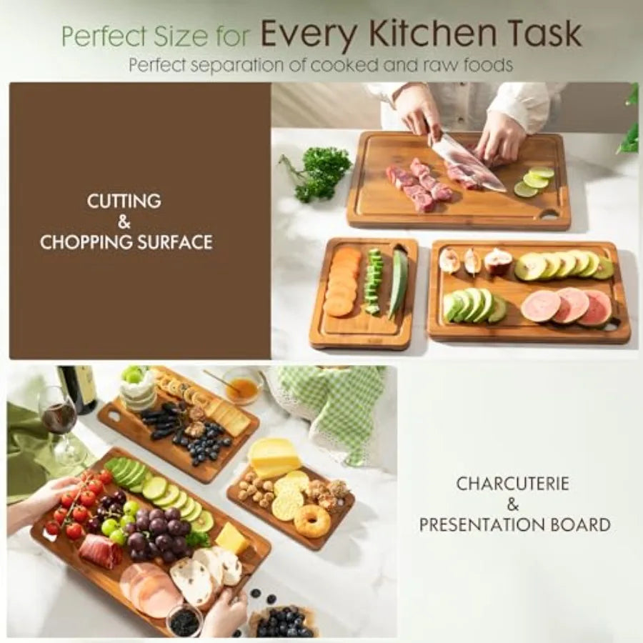 Bamboo Cutting Boards for Kitchen with Wood Storage Stand, Reversible Charcuterie and Chopping Boards with Juice Grooves and Ea
