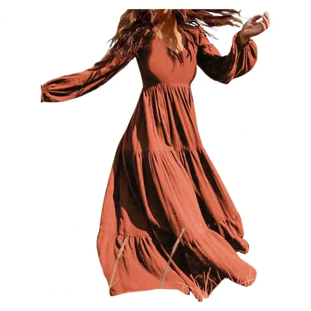 AOLSIN Women's V-Neck A-Line Maxi Dress - Solid Color Lantern Sleeve
