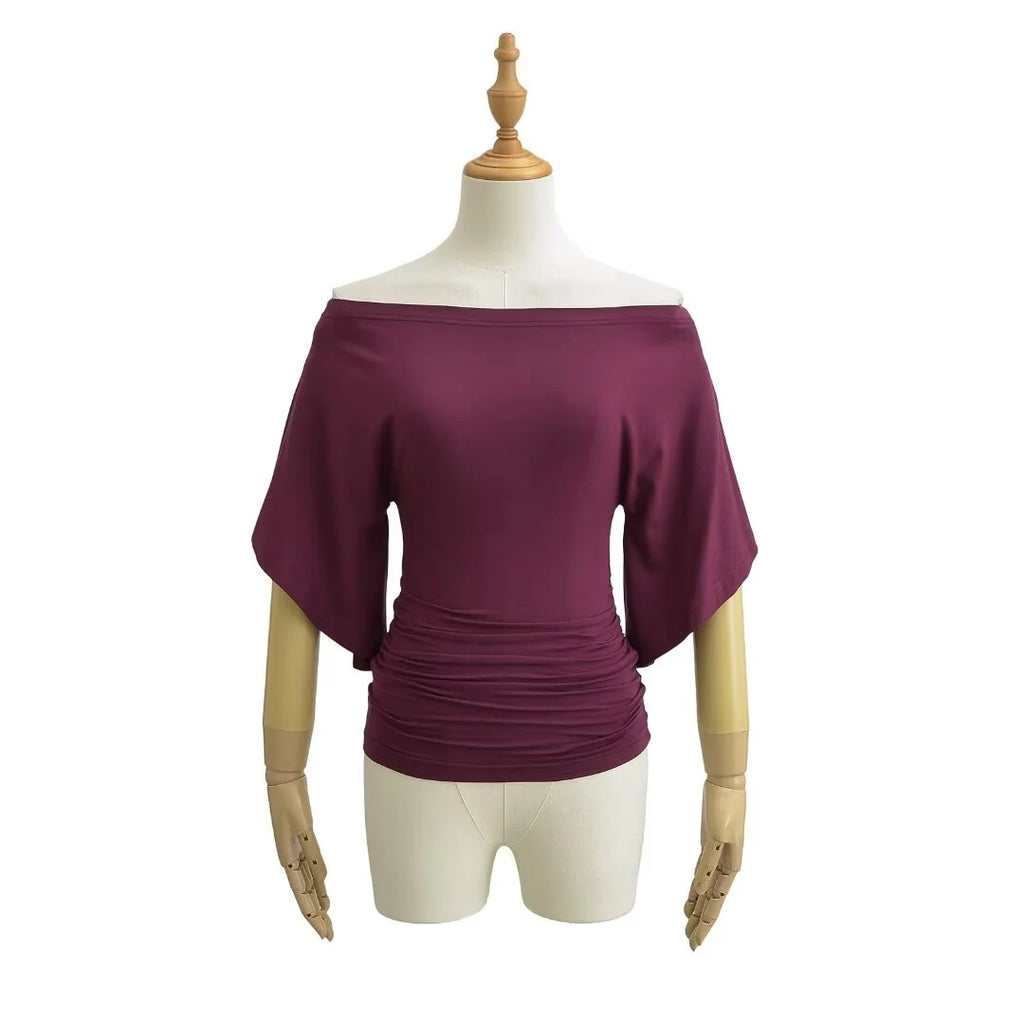Korean style Women Summer Sexy Bat Sleeve Slash Neck Off Shoulder T-shirt Cinching Waist Solid Slim Top