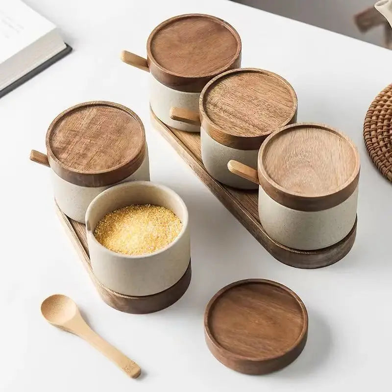 Ceramic Seasoning Jar Retro Japanese Style Home Kitchen Salt Chili Sugar Jar Oil Pot Wooden Lid Spice Kitchen Utensils Modern