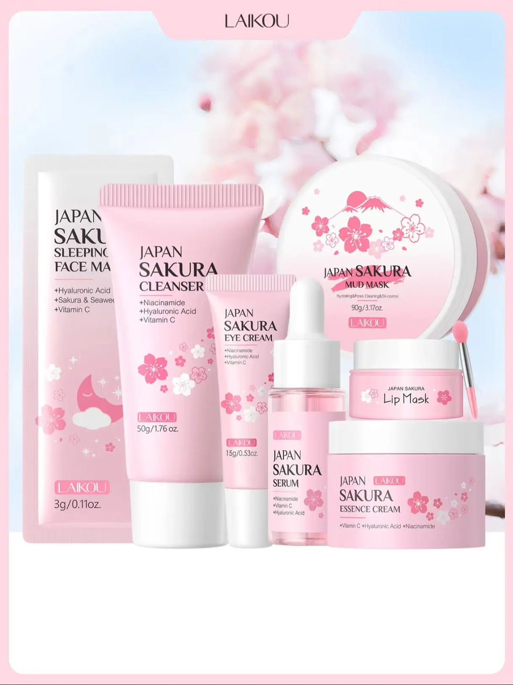 LAIKOU Japan Sakura 7PCS Skincare Set Cleanser Serum Eye Cream Mud Mask Lip Mask Sleeping Mask Hydrating Brightening