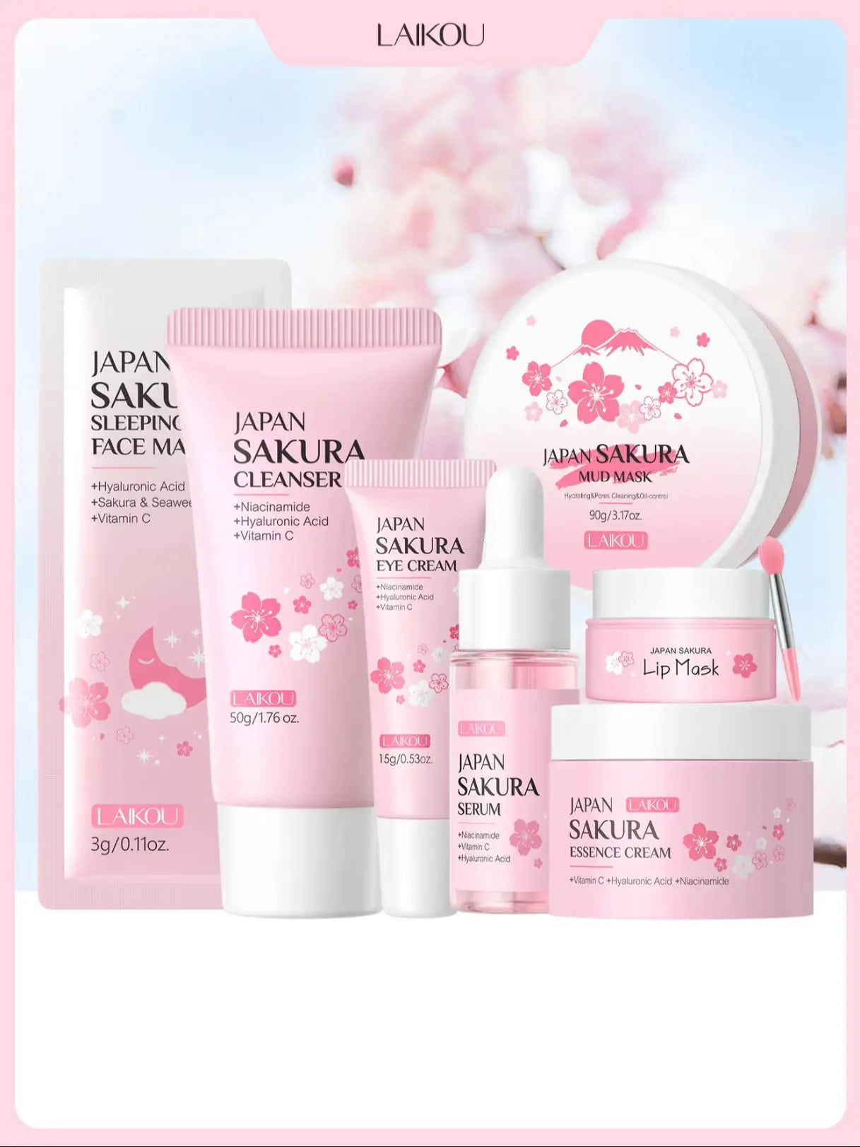 LAIKOU Japan Sakura 7PCS Skincare Set Cleanser Serum Eye Cream Mud Mask Lip Mask Sleeping Mask Hydrating Brightening