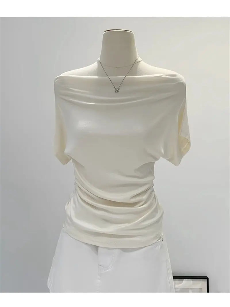 Summer One Shoulder Black Women's T-shirt Short Sleeve Korean Style Slimming Top Exposed Shoulder Fashionable
