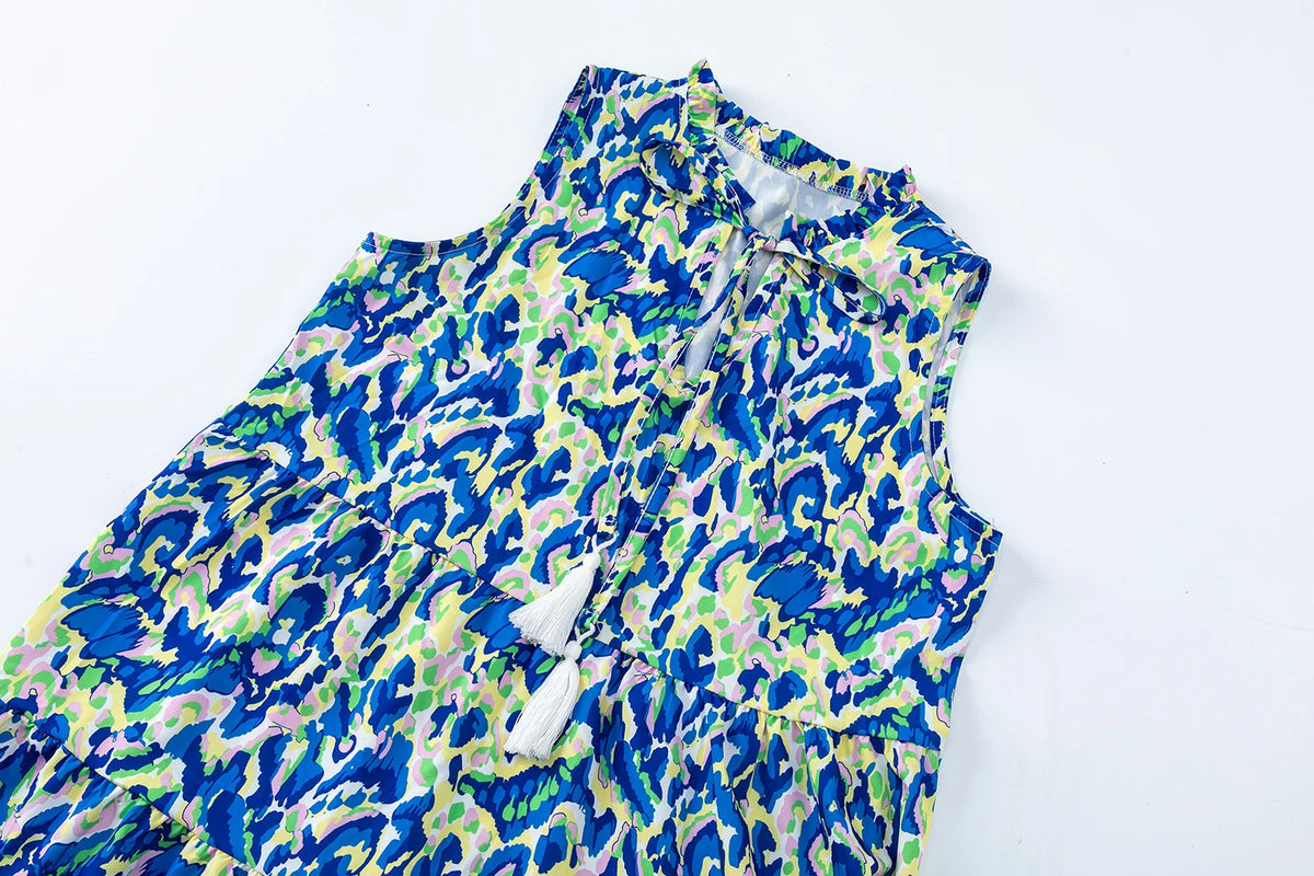 New European and American Summer Cross-border Seaside Vacation Mid to Long Sleeveless V-neck Tassel Abstract Print Dress