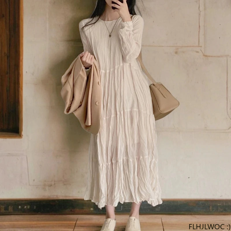 Autumn Spring Wrinkle Loose Dresses New Hot Women Cute Japan Style Retro Vintage Girls Holiday Casual Solid Apricot White Dress