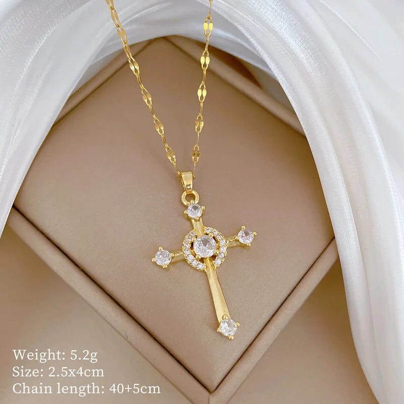 Full Zircon Cross Necklace For Women'S Gold Color Anti-Tarnish Titanium Steel Jewelry