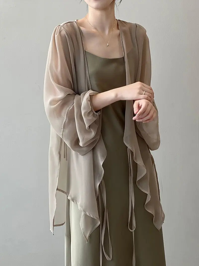 Shirts Women V-neck Loose Long Sleeve Open Stitch Korean Style Lace-up Simple Solid Summer Chiffon Breathable Minimalist Stylish