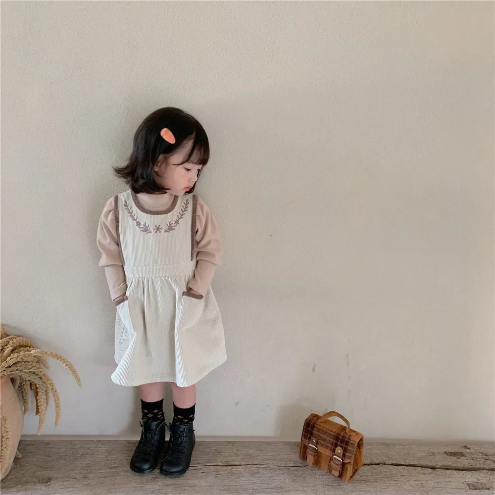 2025 Vinatge Baby Corduroy Sleeveless Dress Little Girls Sundress and Long Sleeve Tops Autumn Winter  Two Piece Set Children