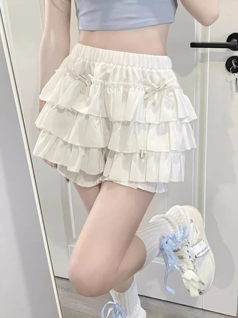 Pastel Tiered Ruffle Mini Skirt with Built-in Bloomer Shorts Layered Frill Skort Women Soft-Girl Kawaii Lolita Jirai Kei Sukapan