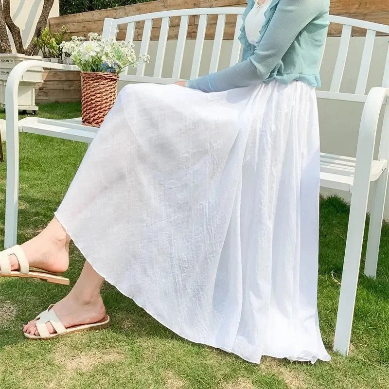 High Quality Cotton Linen Maxi Skirt Women Casual Elastic High Waist Pleated A-Line Beach Skirts Boho Saia Feminina Faldas Jupe
