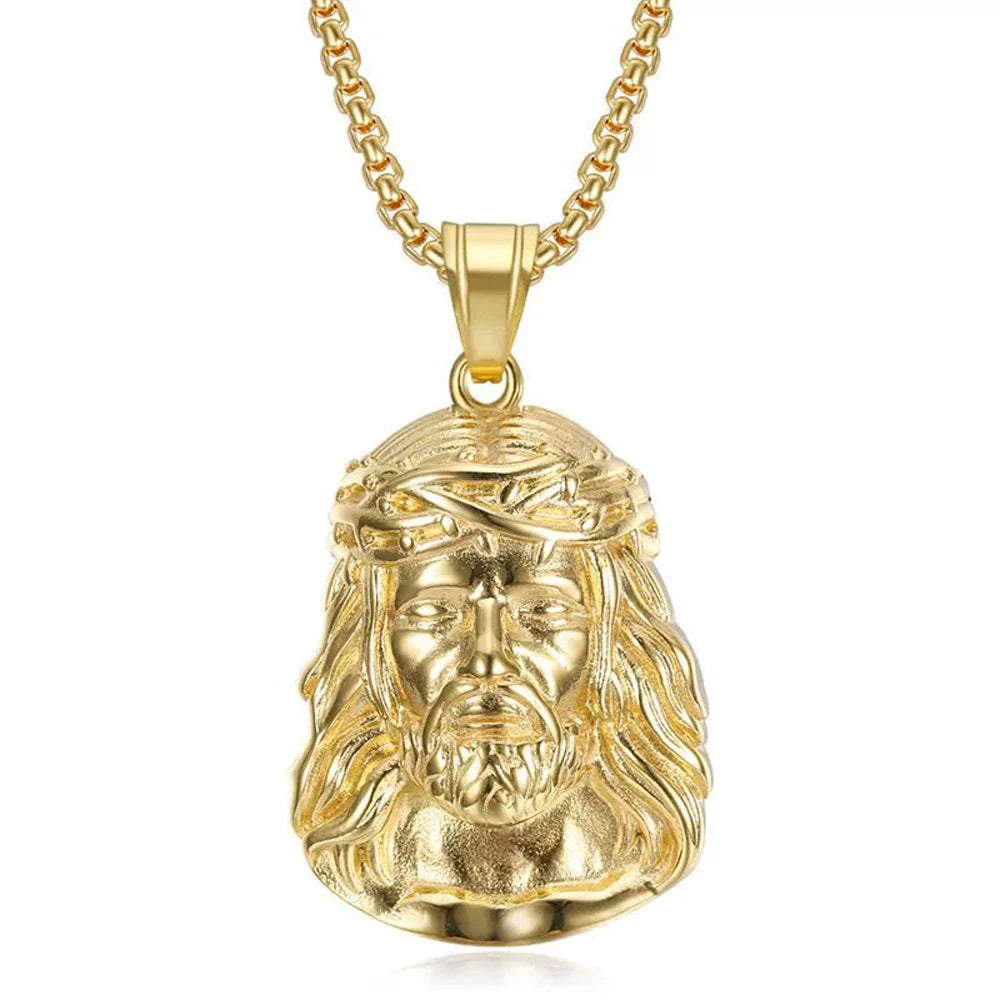 Stainless Steel Titanium God Jesus Human Head Gold Plated Portrait Pendant Necklace with 3mm Chain For Men Women Hip Hop Jewelry