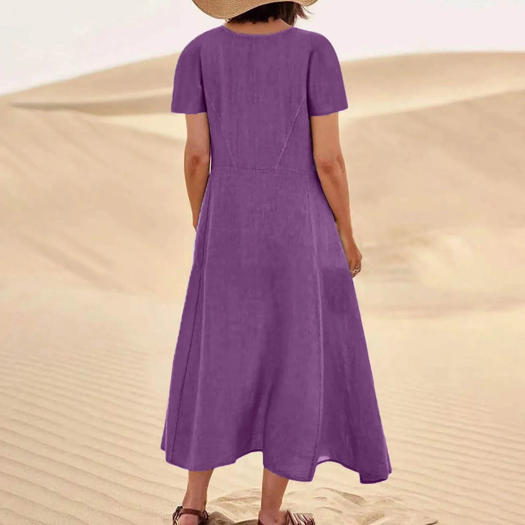Women Solid Cotton Linen Round Neck Short Sleeve Loose Flowy Maxi Dress EU US Gown