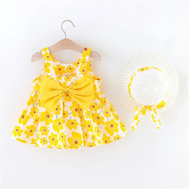 Baby Girl Floral A-Line Dress with Bow and Hat - Summer Sleeveless