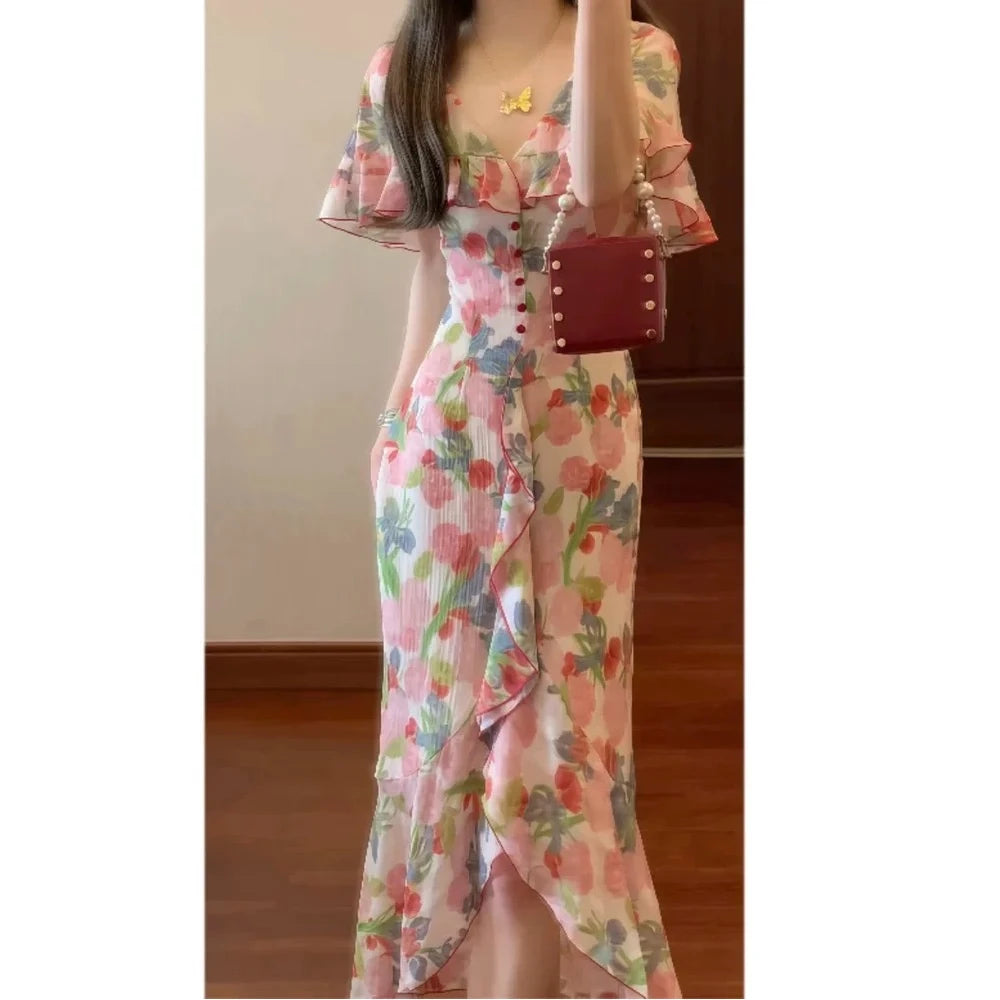Romantic Elegant Vintage Floral Print Women's Dress Summer Slimming Long Skirt High Waist Short Sleeve A-Line Midi Dress