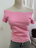 Mint Blue Slash Neck Crop Tops Women Summer Simple All-match Cotton Casual Slim T-shirts Sweet Cute Preppy Style Cropped Tees