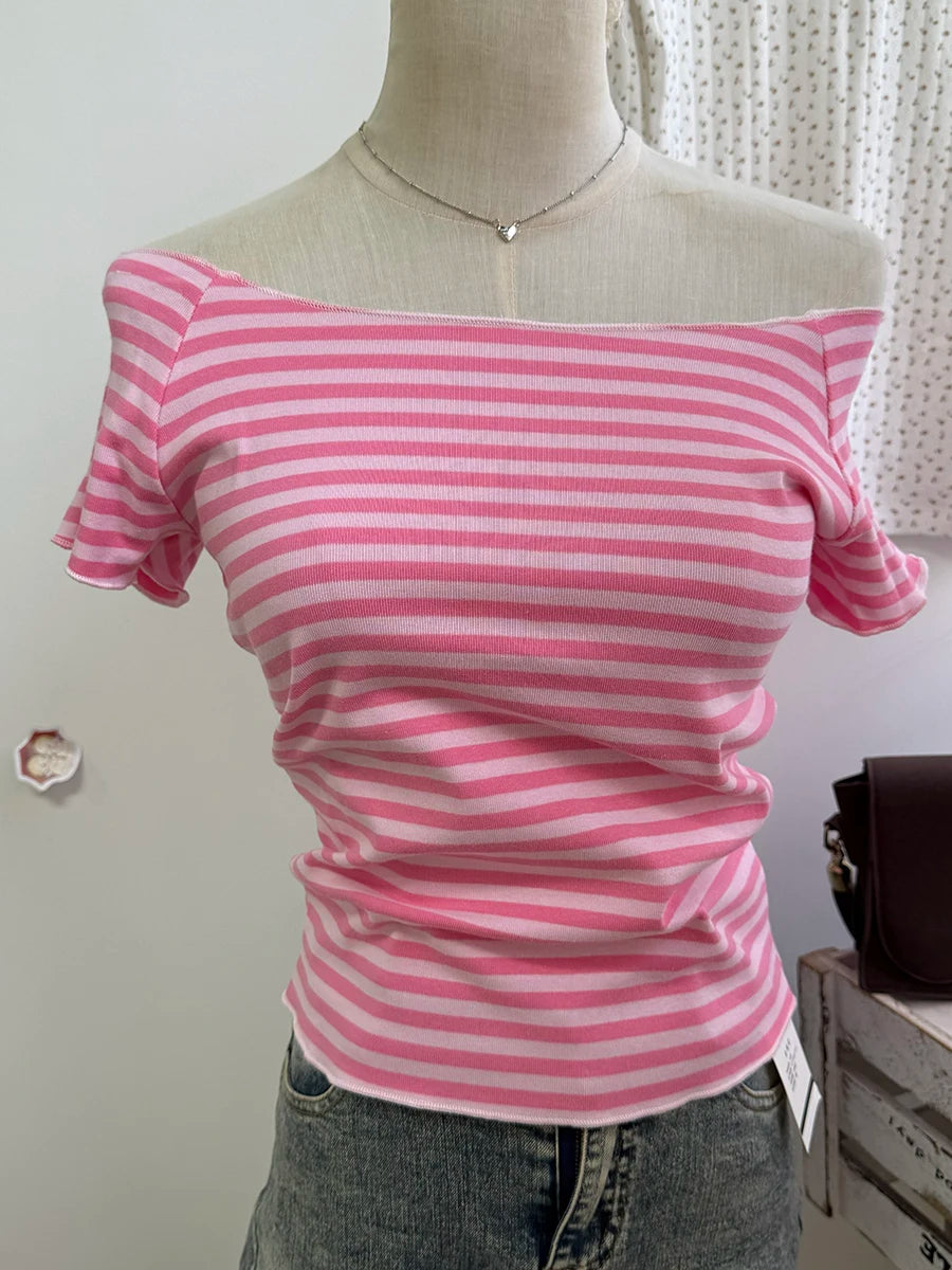 Mint Blue Slash Neck Crop Tops Women Summer Simple All-match Cotton Casual Slim T-shirts Sweet Cute Preppy Style Cropped Tees