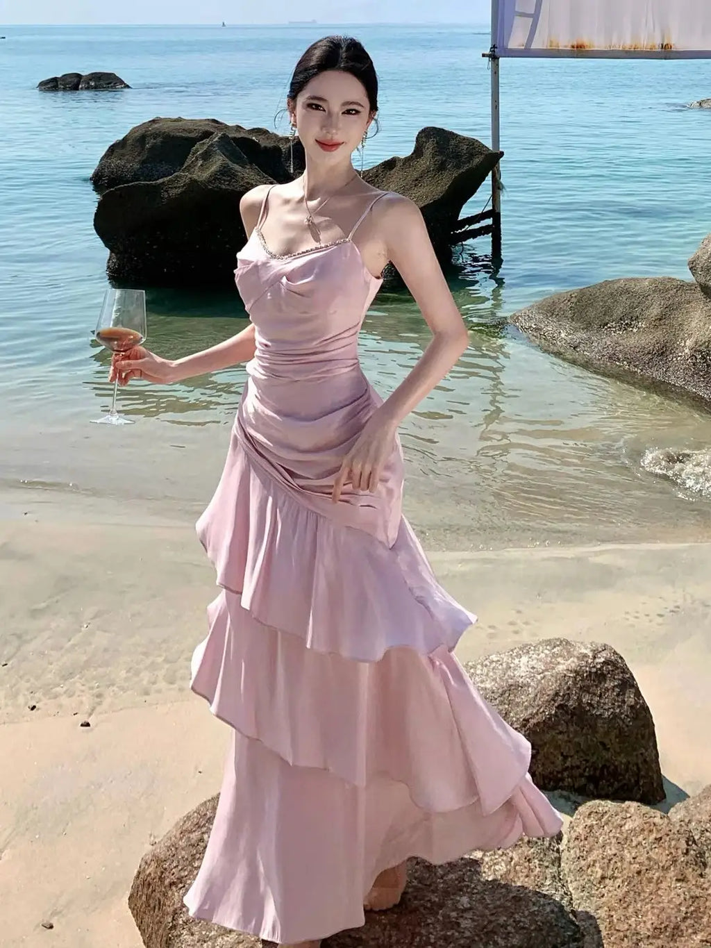 Elegant Women Spaghetti Strap Maxi Dress Rhinestone Trim Ruched Waist Ruffle Hem Pink Dress For Cocktail Party Wedding Guest