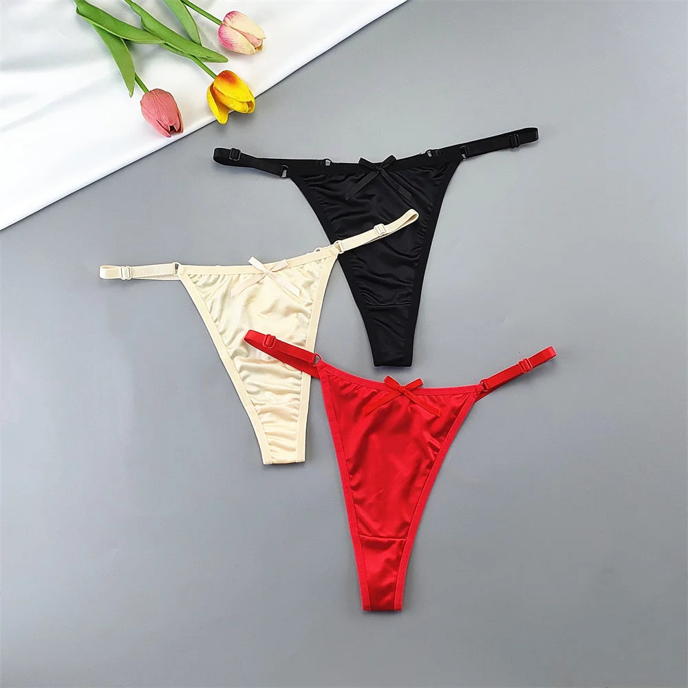 3pcs Women's Low-Rise Satin G-String Thong Panties - Adjustable