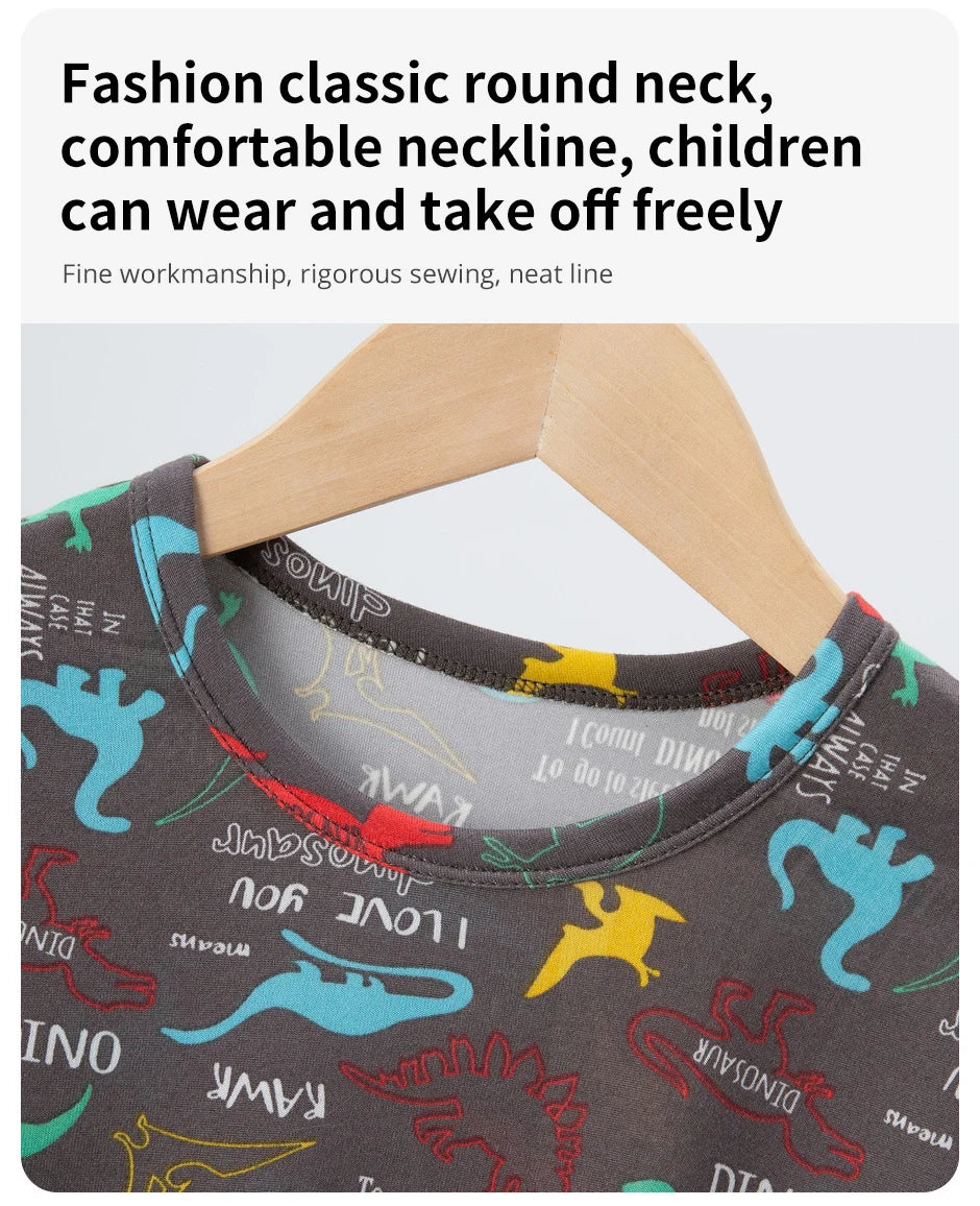 2 Pcs Summer Children's Fun Printed Shorts Short Sleeve Suit Boy Colorful Dinosaur Top Girl Sweet And Lovely Elastic Waist Short
