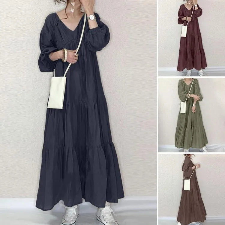 Summer Dress Women's Casual Long Sleeve V Neck Dresses Olive Green Loose Fit Maxi Dress Tiered Skirt A Line Flared Shirt Dress