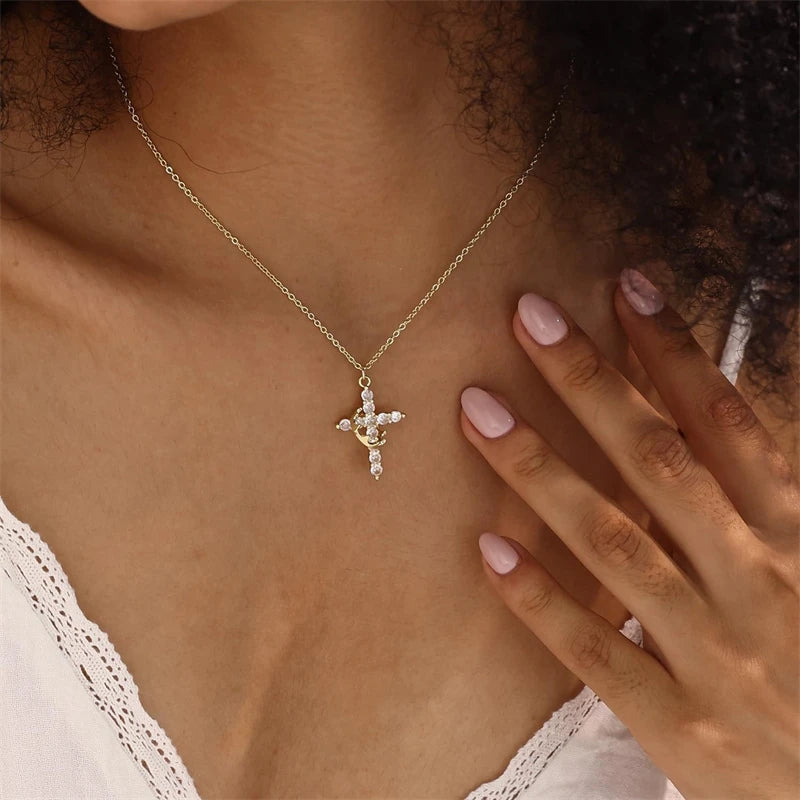 Rotatable Crown Cross Pendant Necklace For Women'S Shiny Rhinestone Stainless Steel Cross Choker Christian Prayer Jewelry