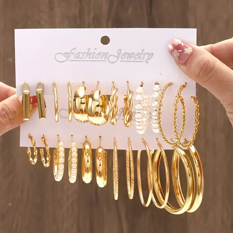 14K Gold C-Shaped Stud Earring Set (12 Pairs)