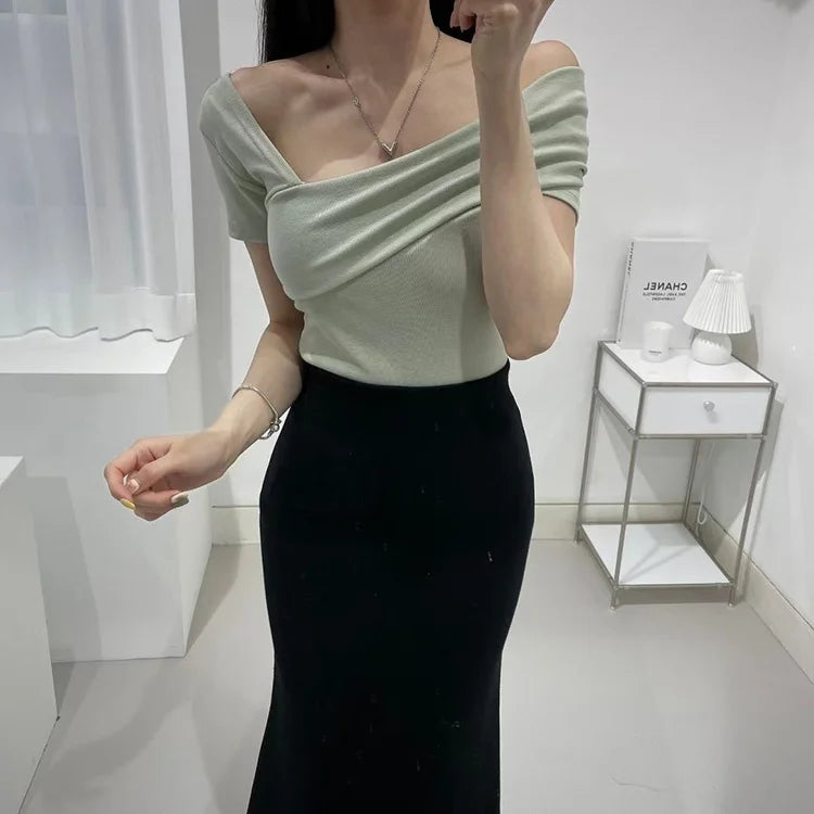 Slim Fit Short Sleeve T-Shirt Women's Summer Sexy Pure Desire Diagonal Collar Flip  Korean Style Commute Pure Color Top