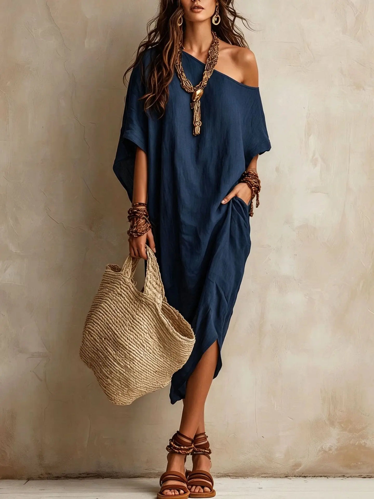 Women's Vintage Off-Shoulder Batwing Sleeve Midi Dress - Solid