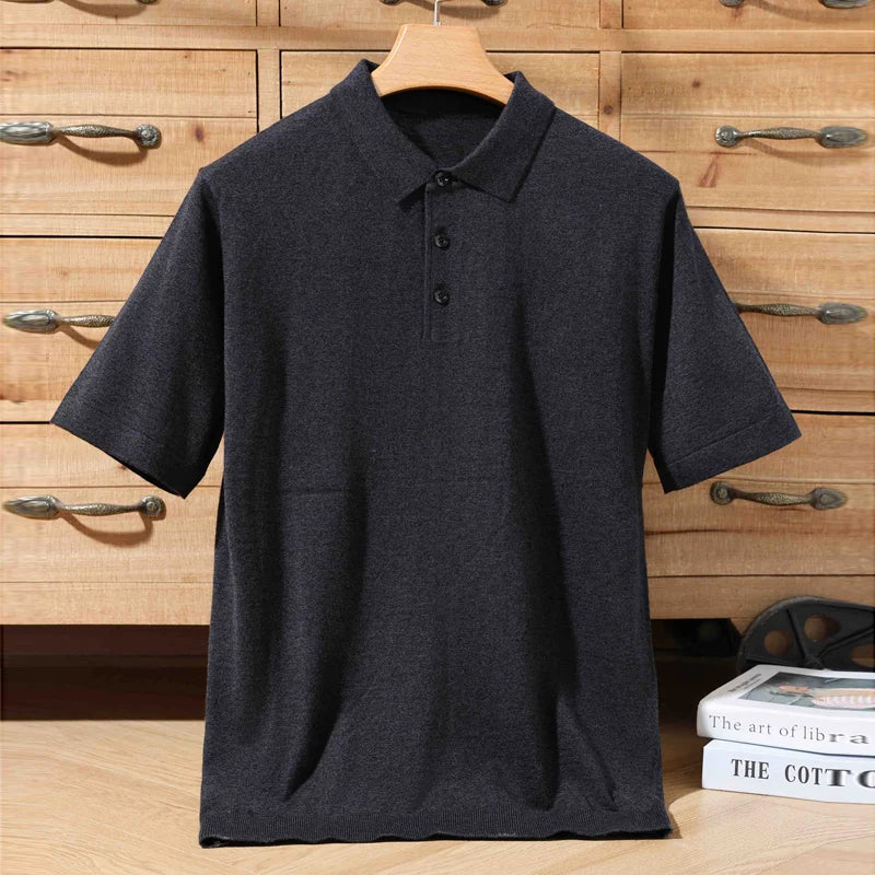 Summer 100% Merino Wool Men'S Lapel Pullover Short Sleeve Polo Neck Sweater Loose Top Business Casual Knit T-Shirt