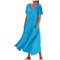 Women Solid Cotton Linen Round Neck Short Sleeve Loose Flowy Maxi Dress EU US Gown