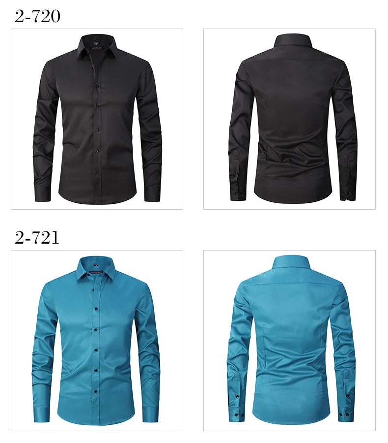 Men's Long Sleeved Slim Fit Elastic Shirt and Non Ironing Black Shirt Men's Solid Color Versatile Business Inch Men's Clothing