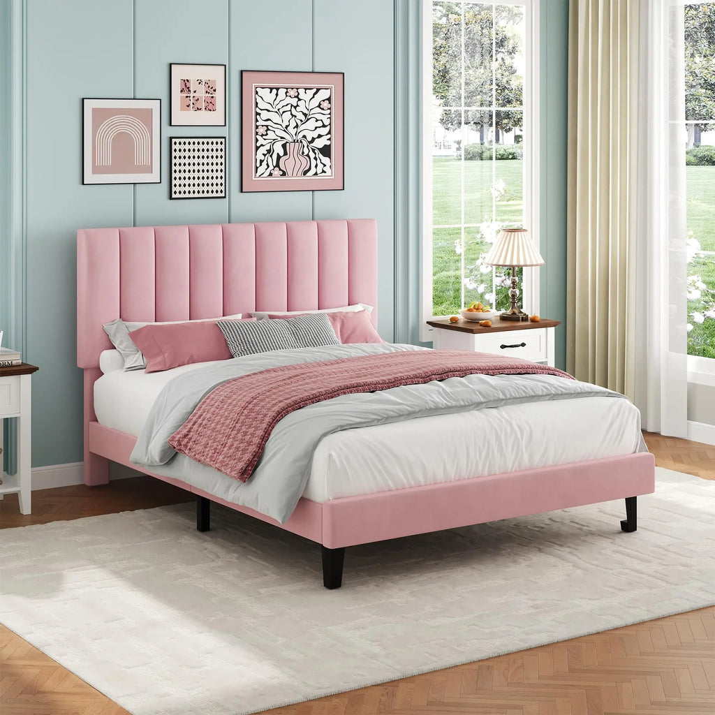 Twin Full Queen Upholstered Platform Bed Frame, Adjustable Tufted Headboard, Wood Slats, 1000lbs Support, No Box Spring Needed