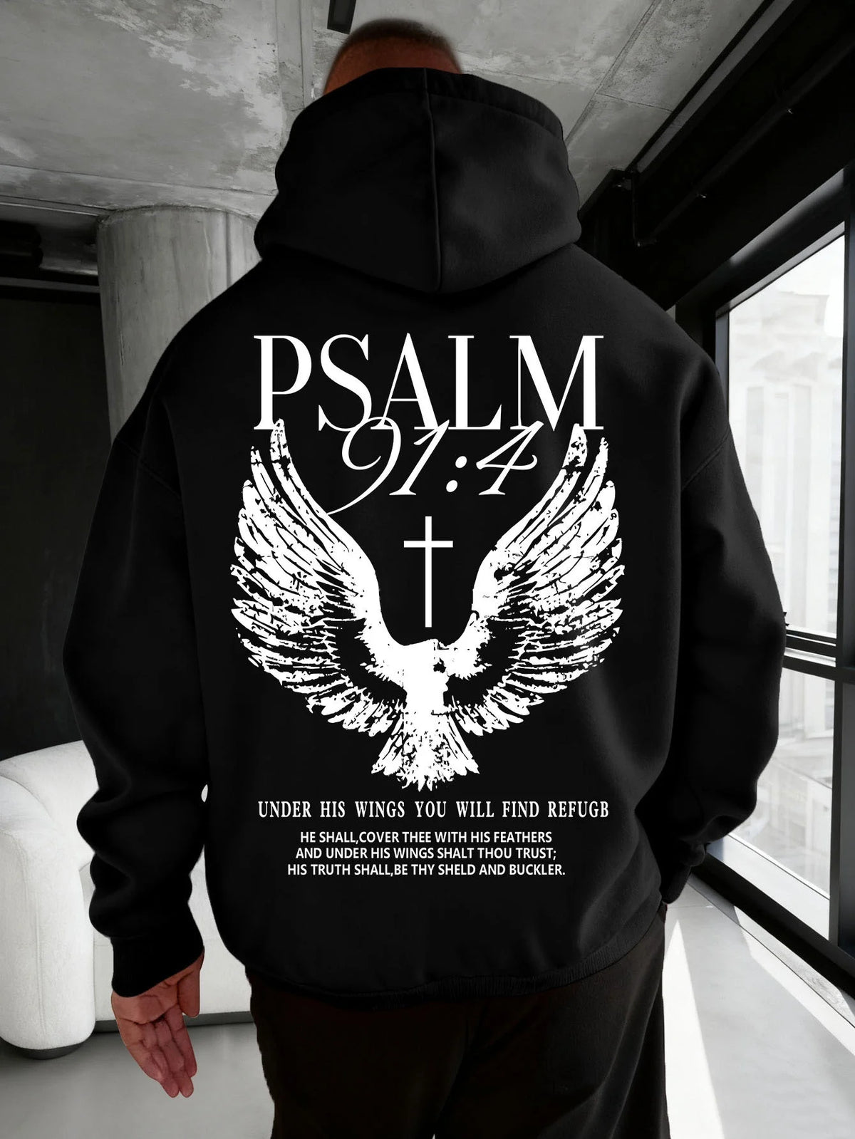 Psalm 91:4 Bible Verse Print Hooded Sweatshirt - Men's Casual Sport