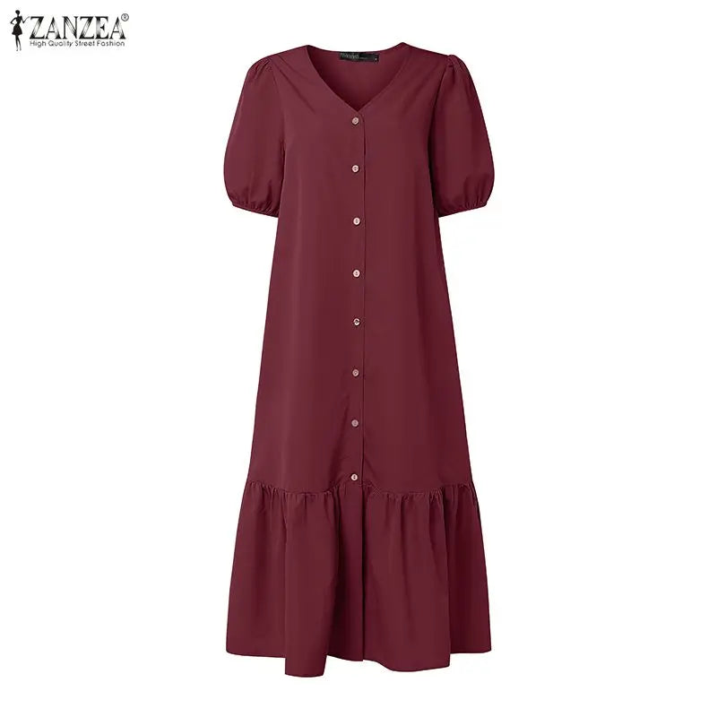 ZANZEA Summer Maxi Dress WomenV Neck Puff Sleeve Button Down Dress Casual Loose Solid Color Ruffle Hem Vacation Sundress Robe