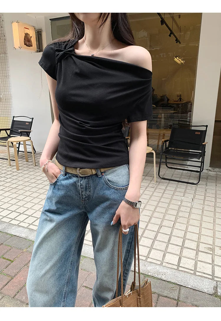 Slim Fit Short Sleeve T-Shirt Women Summer New Style Shoulder Bared Neckline Gathered Waist Elastic Band Casual Style Top