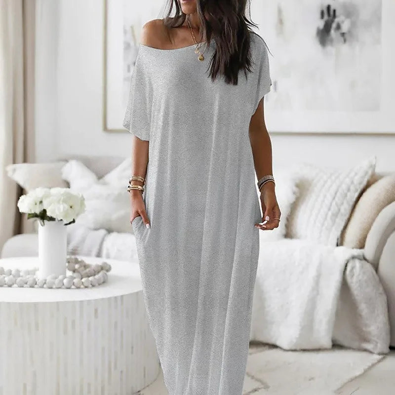 Women's Summer Solid Short Sleeve Maxi Dress Casual Loose Fit for Beach Holiday and Daily Leisure