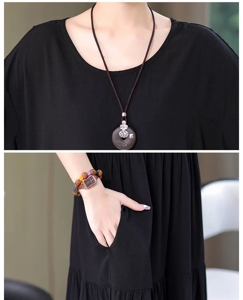 Women's Oversized A-Line Midi Dress – Loose Fit Short Sleeve Summer Sundress